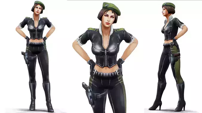 Woman General - Female Soldier Beret Black Leather Form Low-poly 3D model
