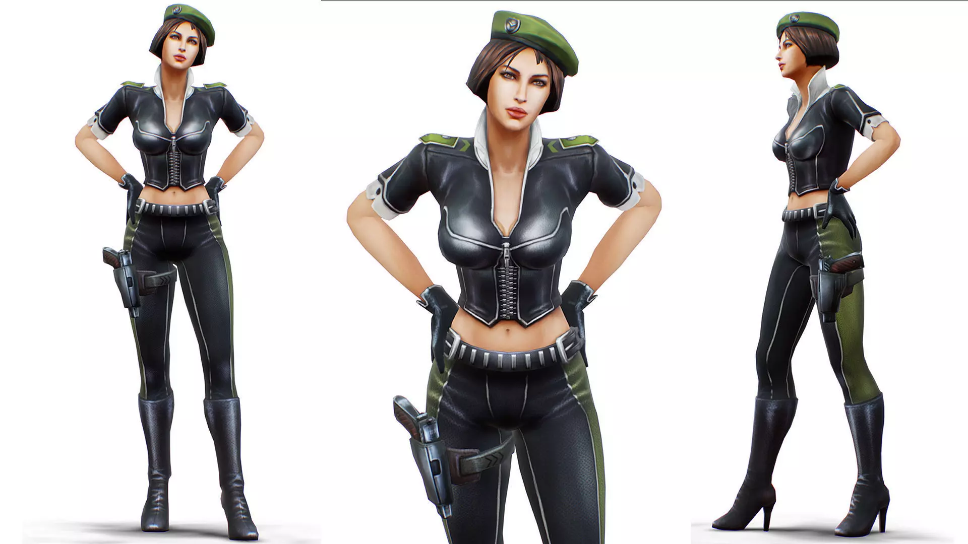 Woman General - Female Soldier Beret Black Leather Form Low-poly 3D model_0