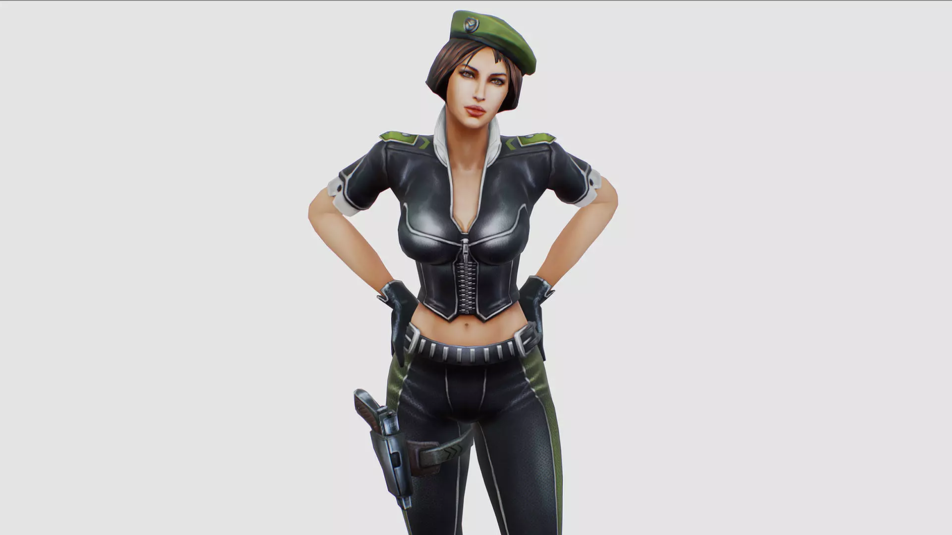 Woman General - Female Soldier Beret Black Leather Form Low-poly 3D model_6