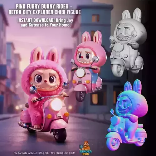 Pink Furry Bunny Rider  Retro City Explorer Chibi Figure