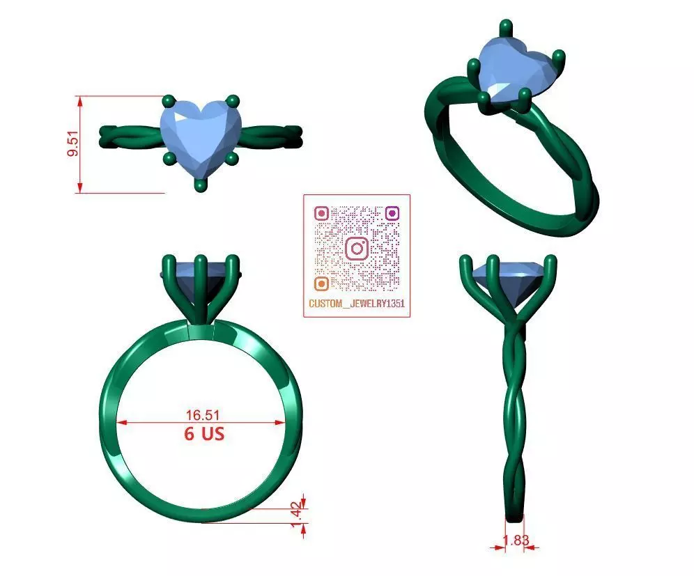 Heart solitaire ring 3D print model_6