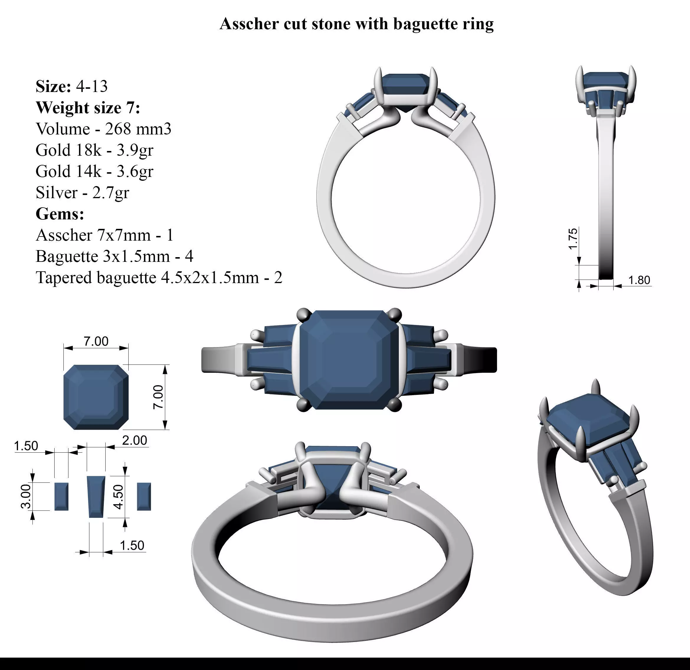 Asscher cut stone with baguette ring All Sizes 3D print model_4
