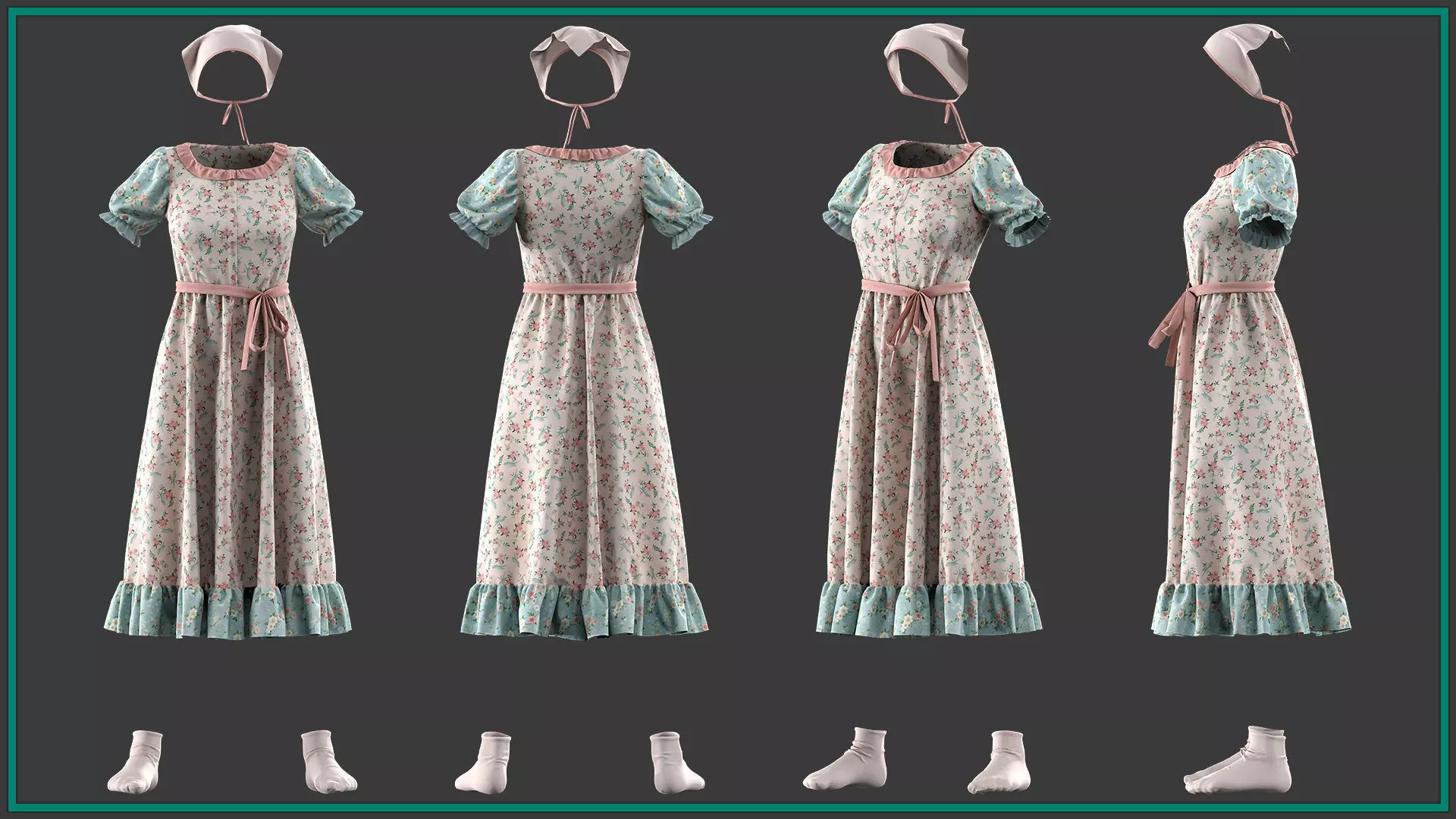 female cottagecore style outfit with texture and smart material 3D model_1
