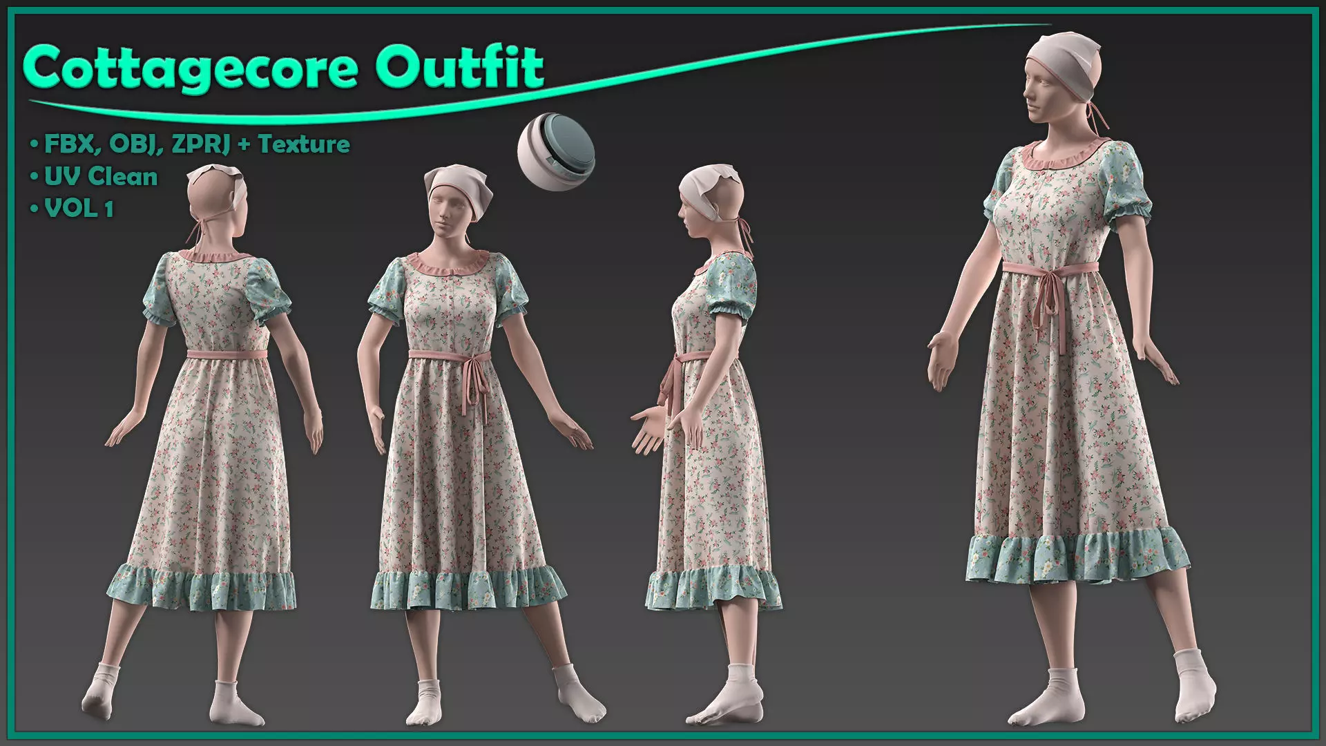 female cottagecore style outfit with texture and smart material 3D model_0