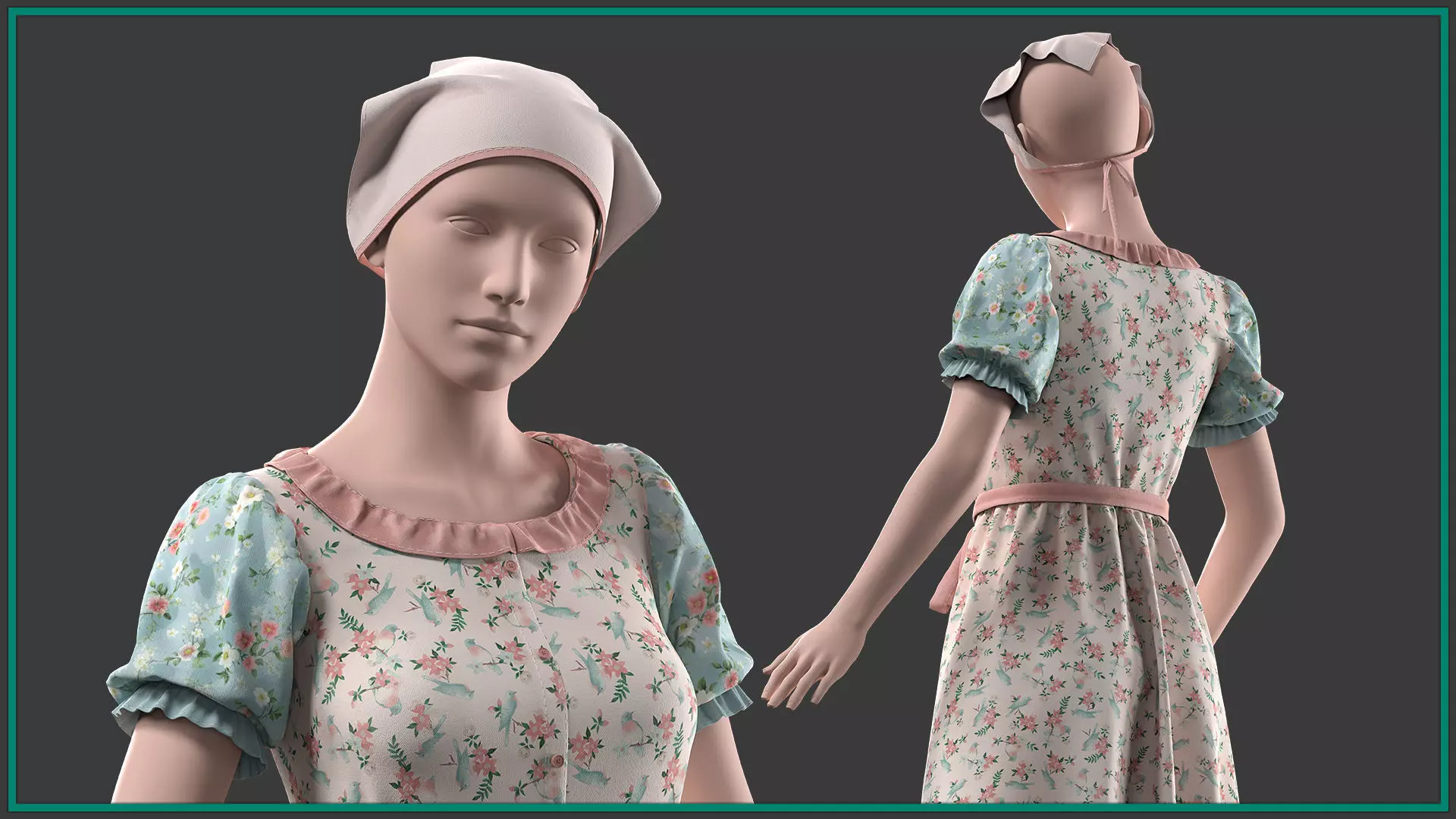female cottagecore style outfit with texture and smart material 3D model_4