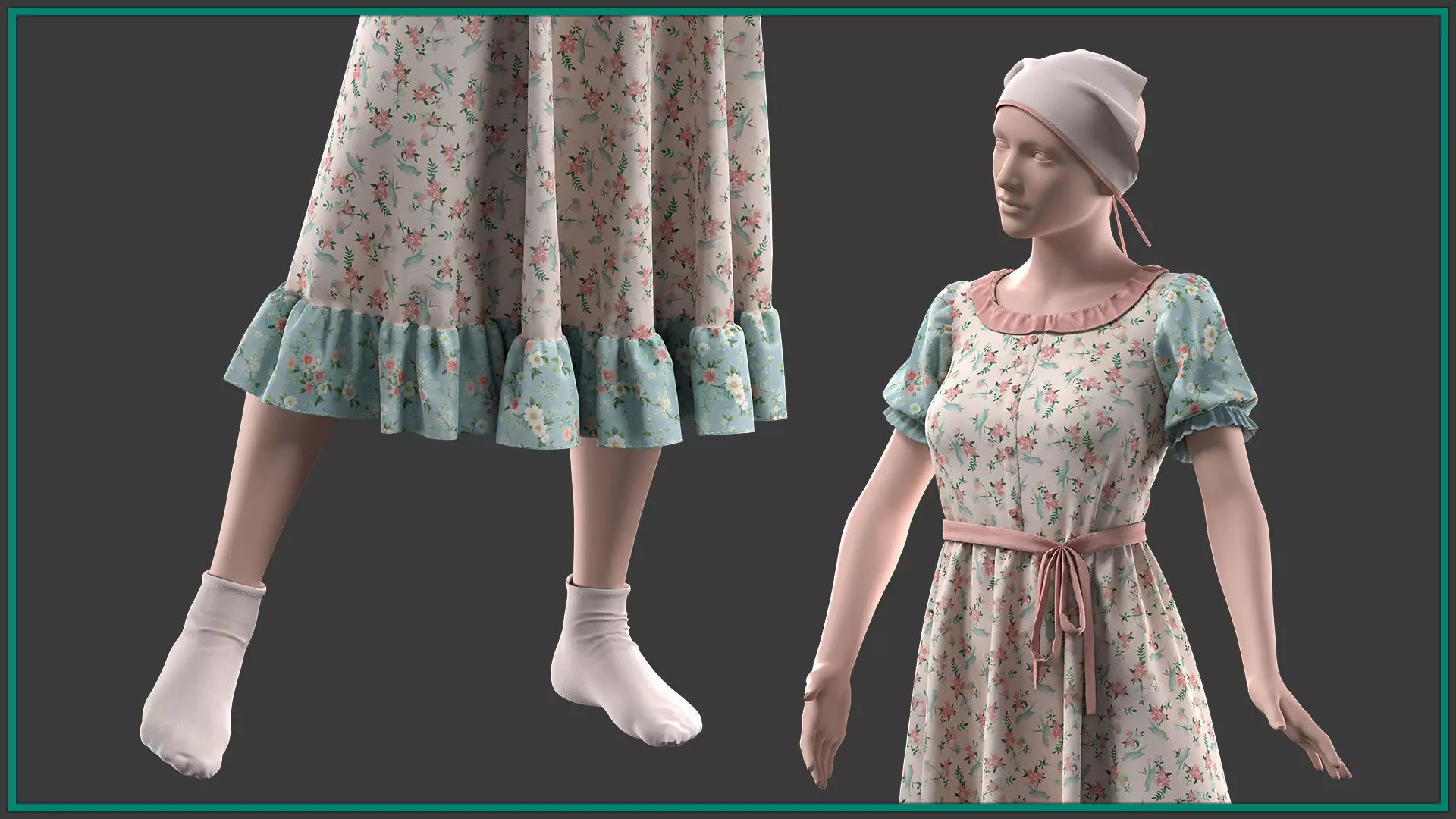 female cottagecore style outfit with texture and smart material 3D model_3