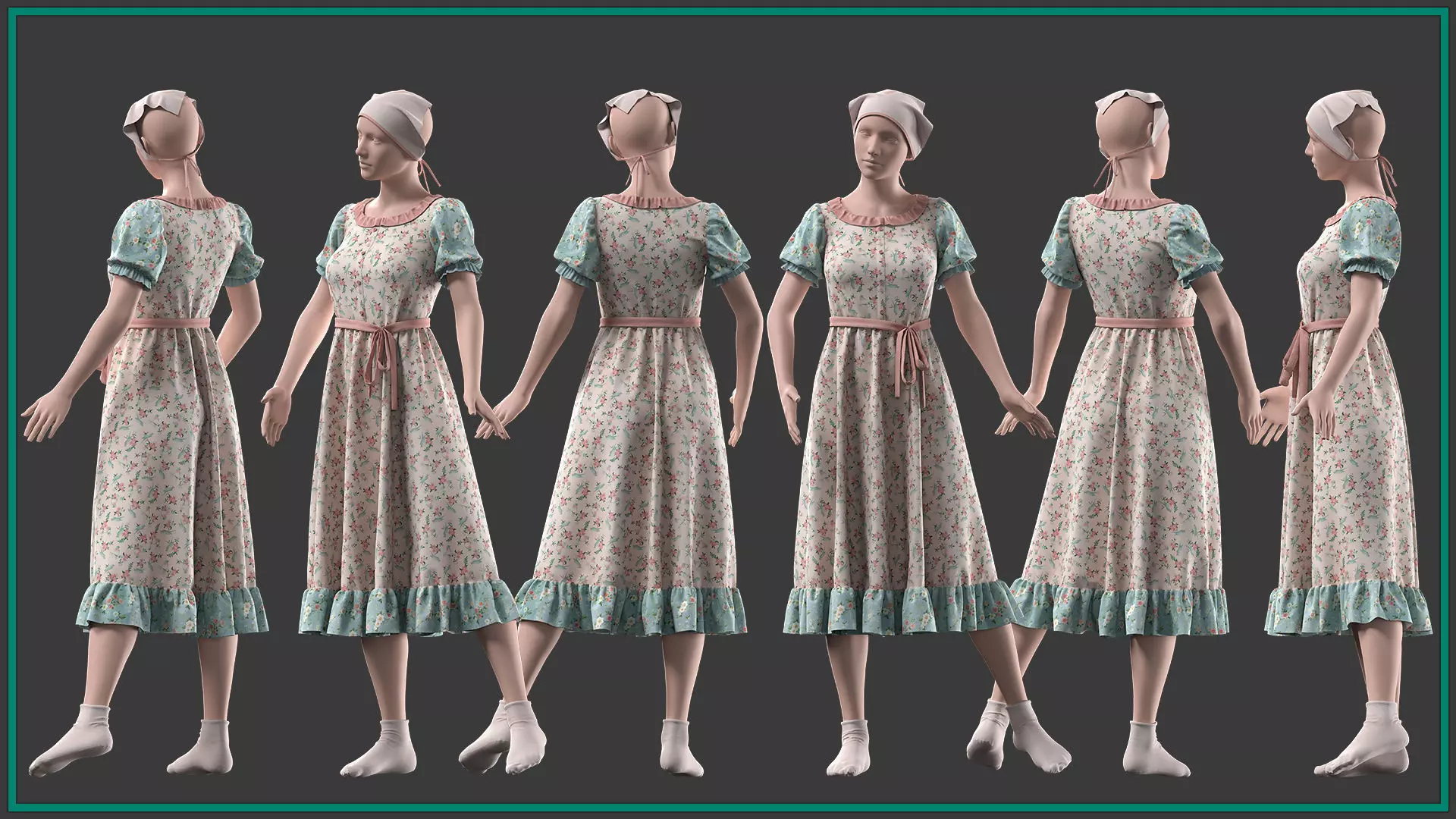 female cottagecore style outfit with texture and smart material 3D model_2