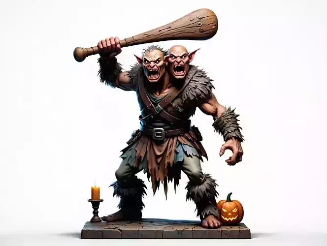 2517  Two Headed Troll with Club  3D Printed Statue