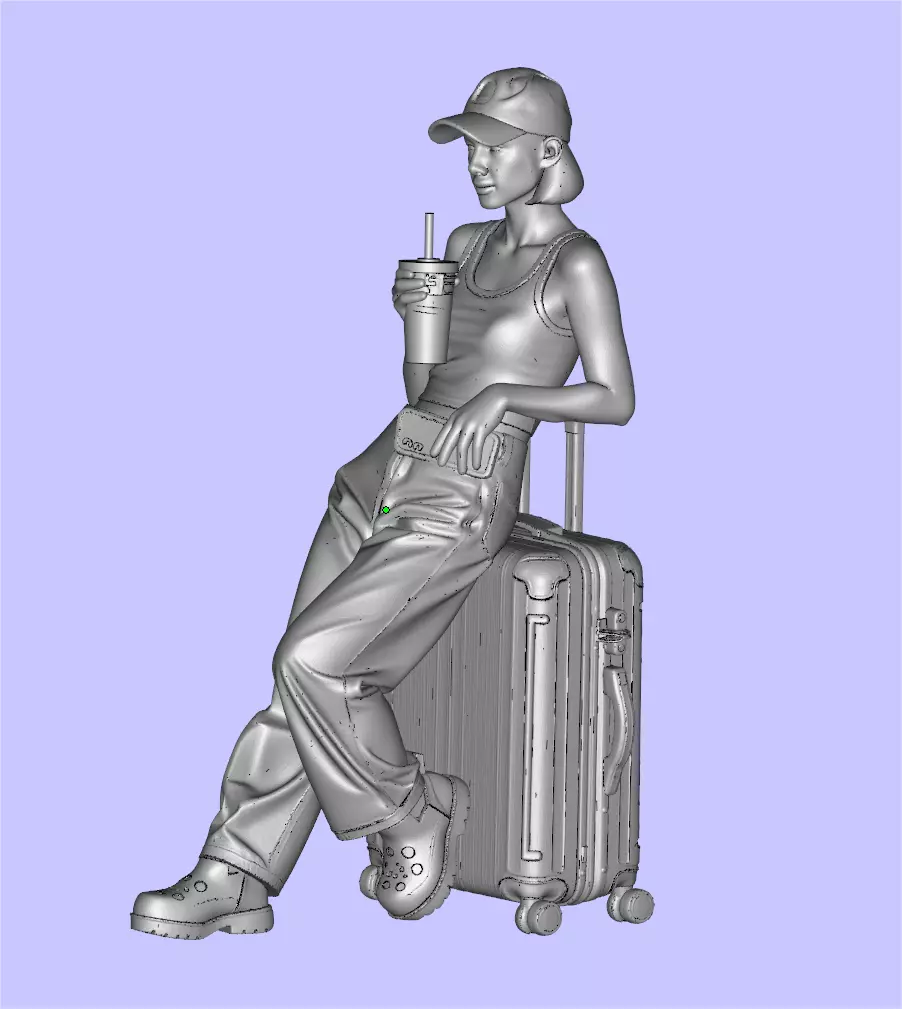 Girl drinking milk tea leaning on a suitcase 3D print model_0
