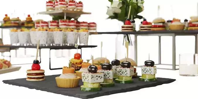 Catering Buffet Table Set with Appetizers and Desserts 3D model 4