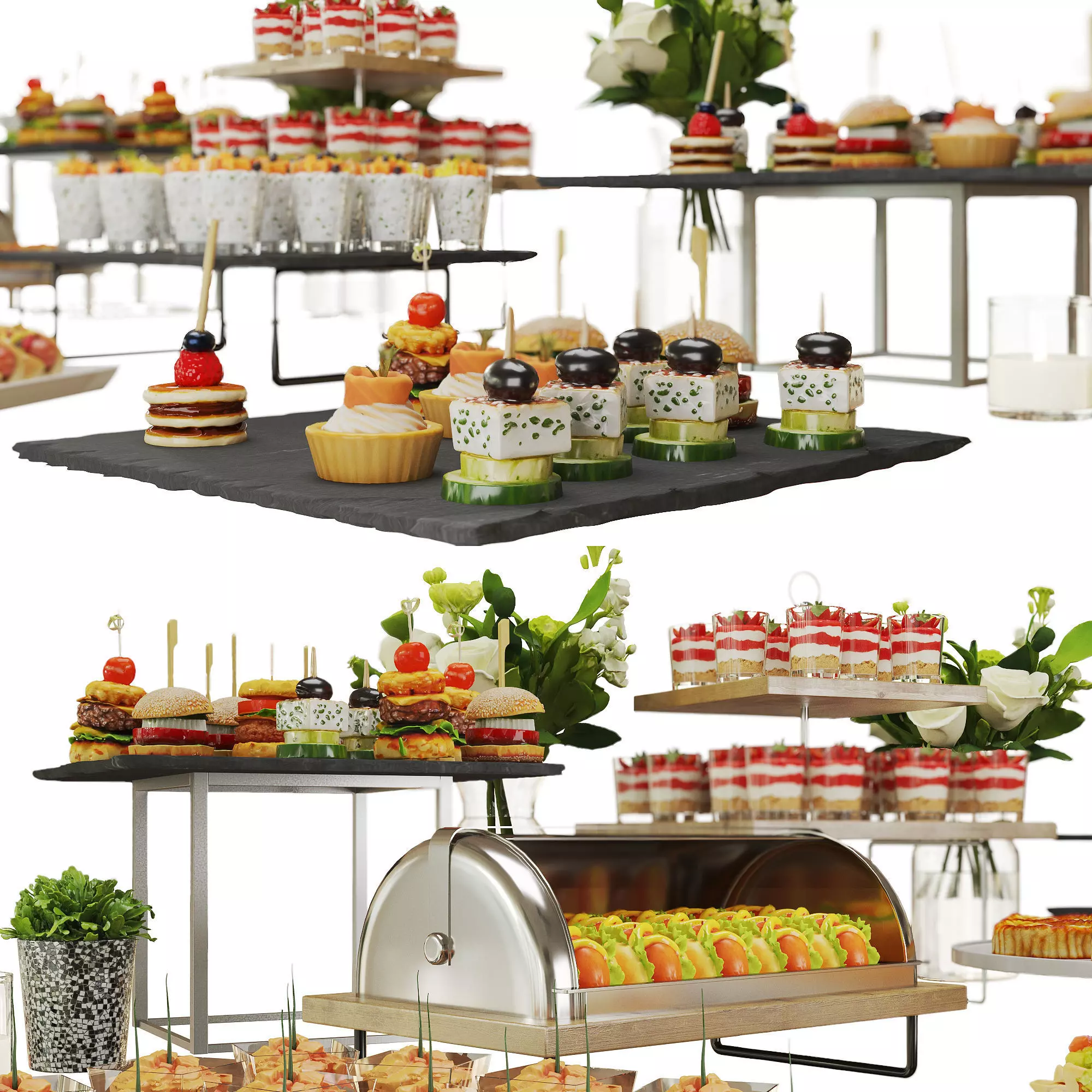 Catering Buffet Table Set with Appetizers and Desserts 3D model_6