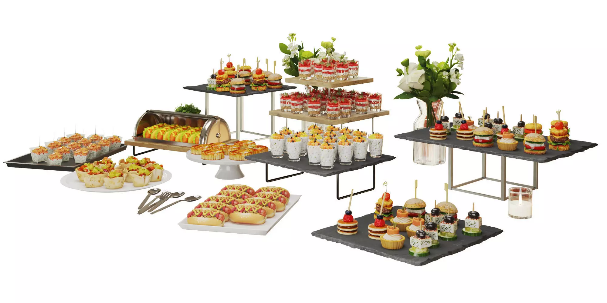 Catering Buffet Table Set with Appetizers and Desserts 3D model_0