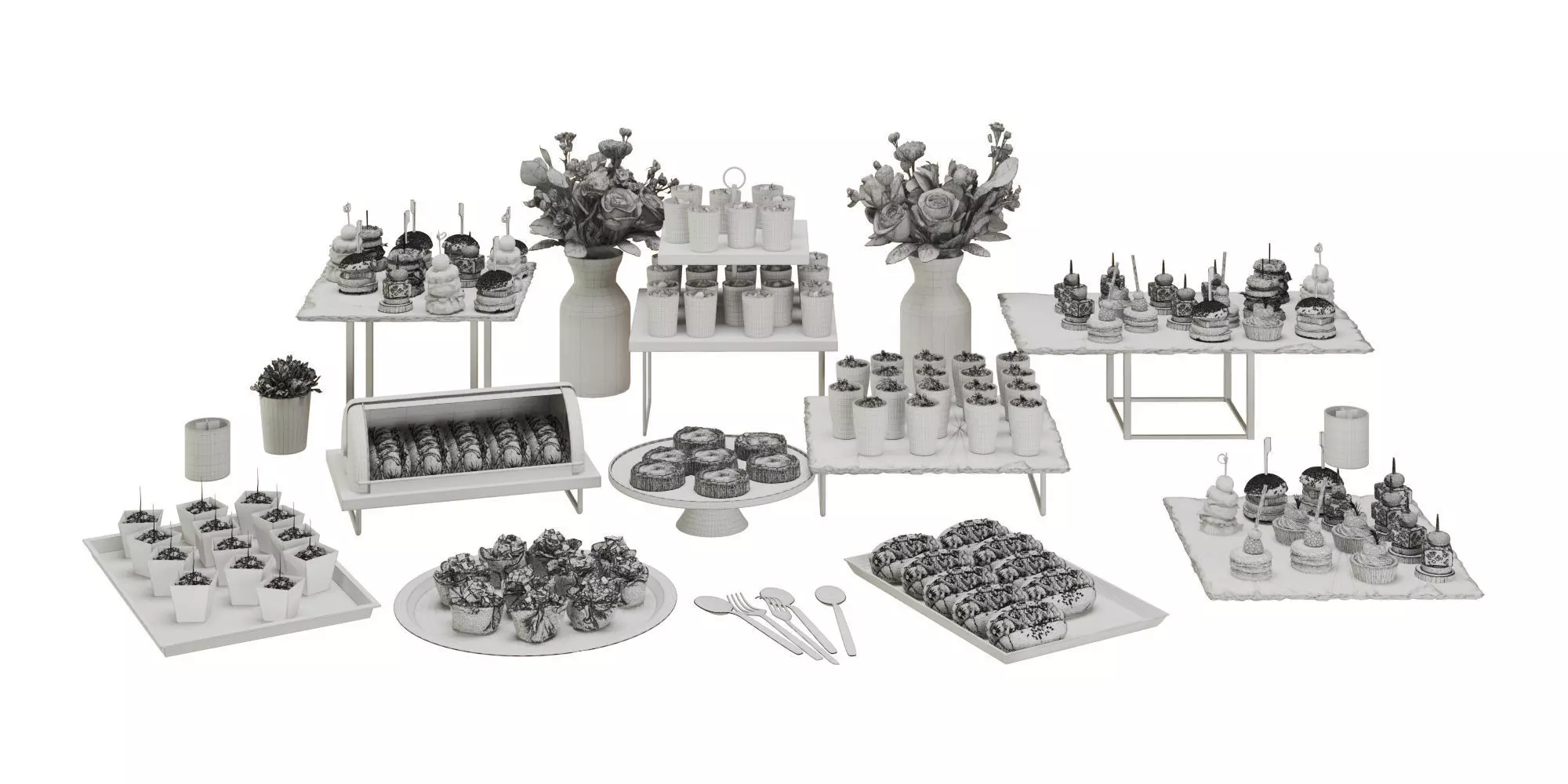Catering Buffet Table Set with Appetizers and Desserts 3D model_11