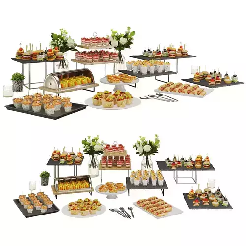Catering Buffet Table Set with Appetizers and Desserts 3D model 2