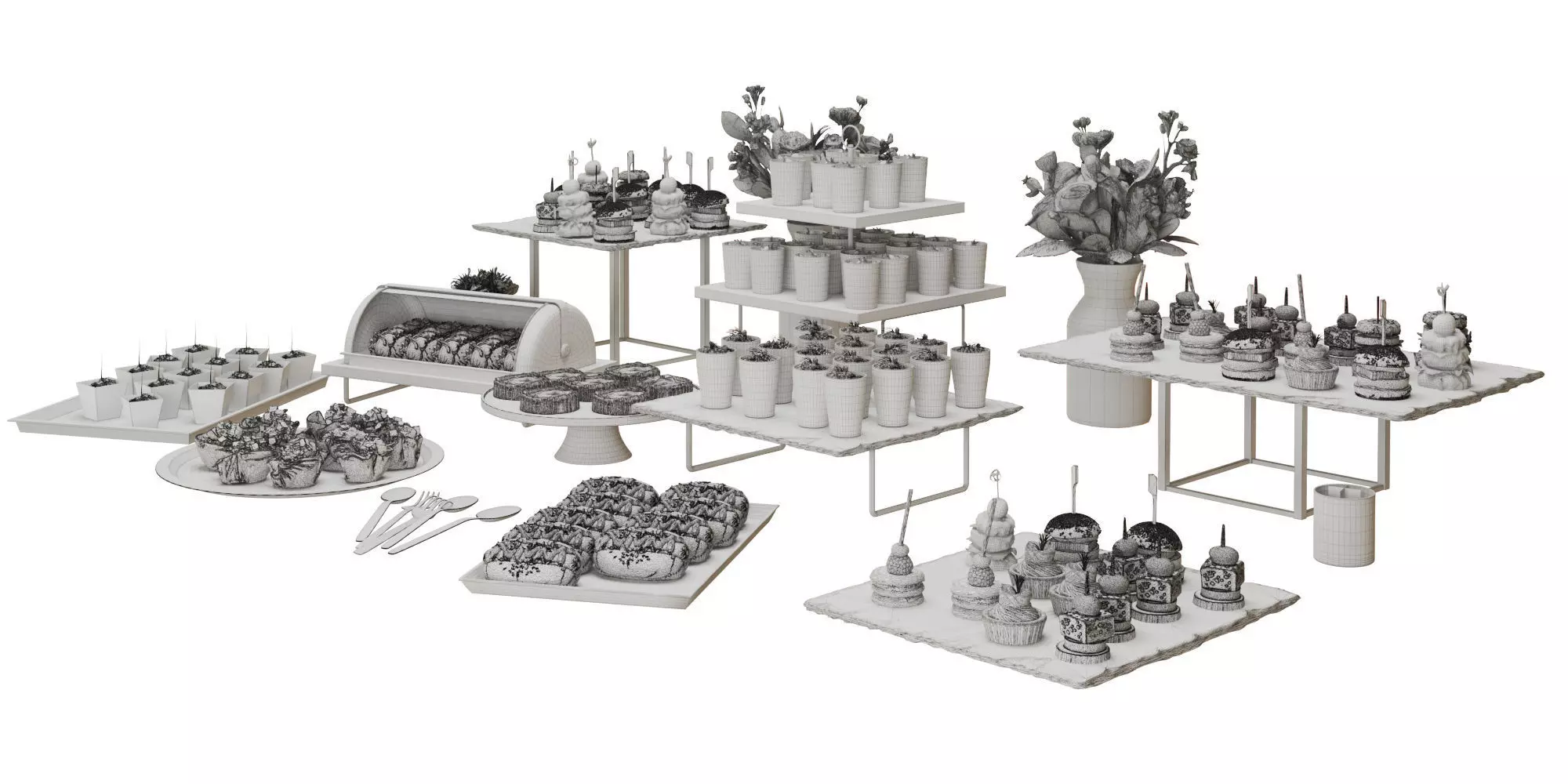 Catering Buffet Table Set with Appetizers and Desserts 3D model_10