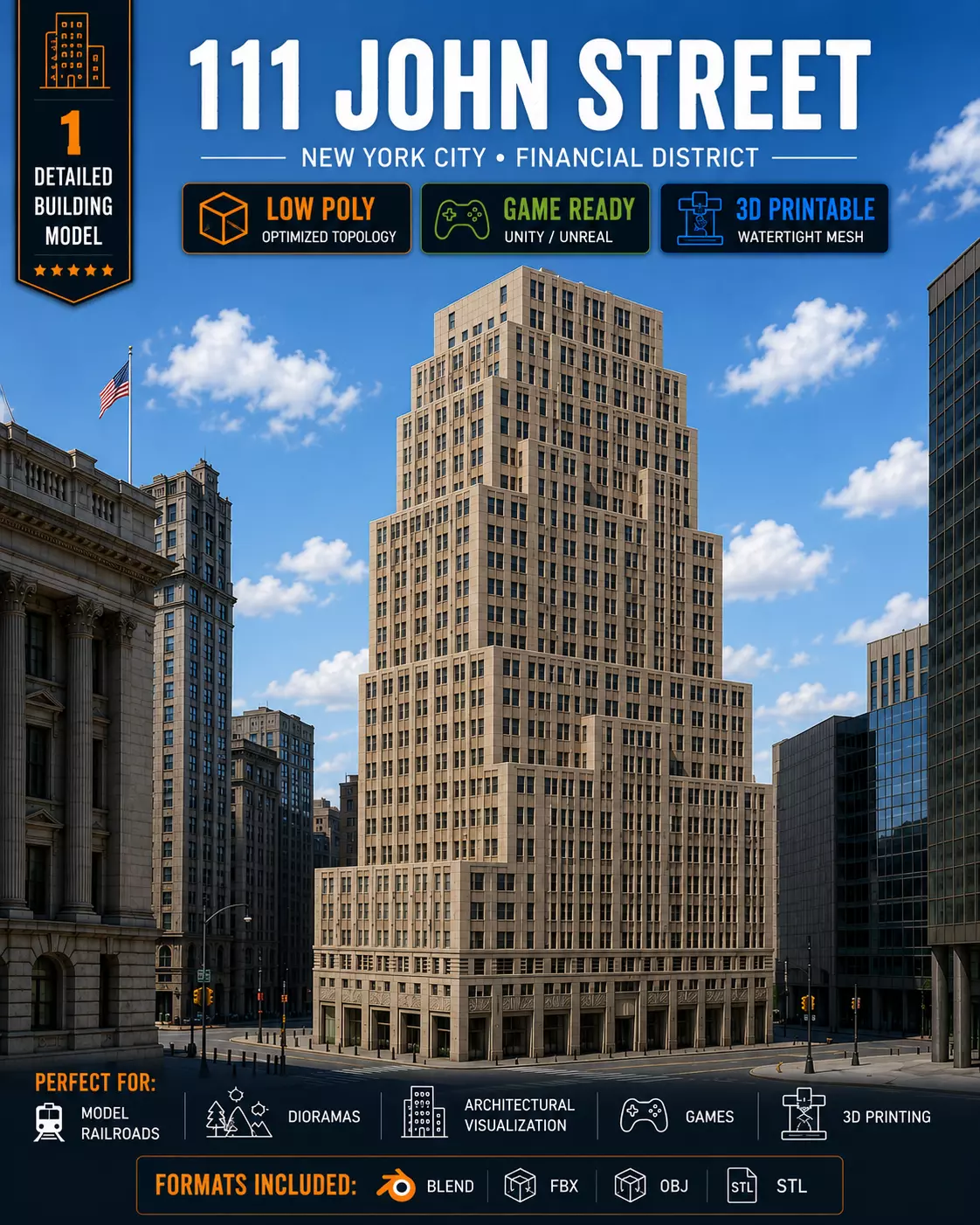 111 John Street NYC Art Deco Skyscraper Low Poly Game Ready 3D print model