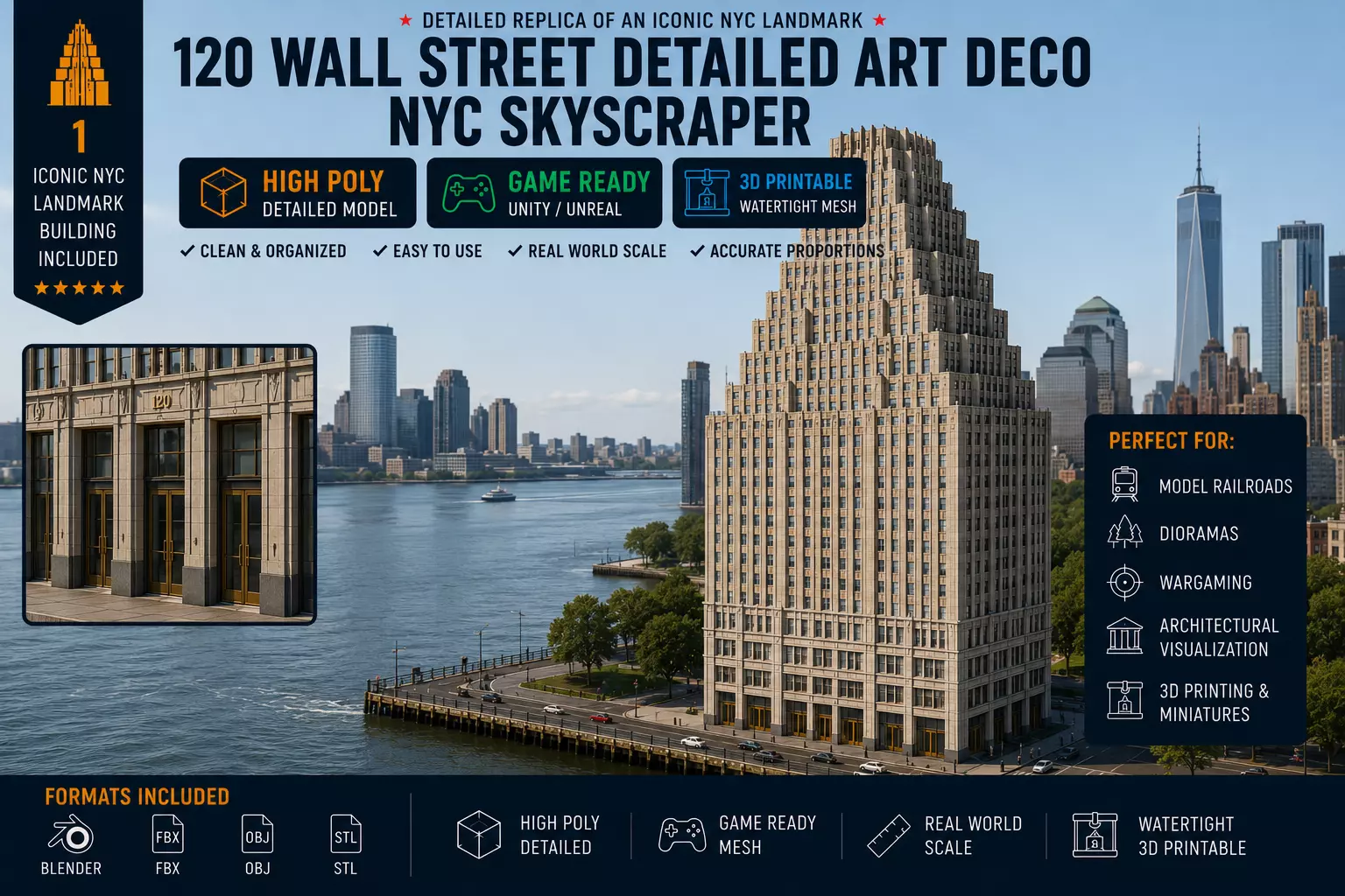 120 Wall Street Detailed Art Deco NYC Skyscraper High Poly 3D print model