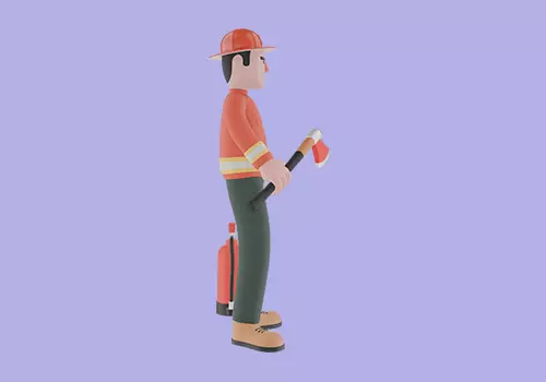 Stylized 3D Male Firefighter - Axe Pose Beside Extinguisher 3D model_5