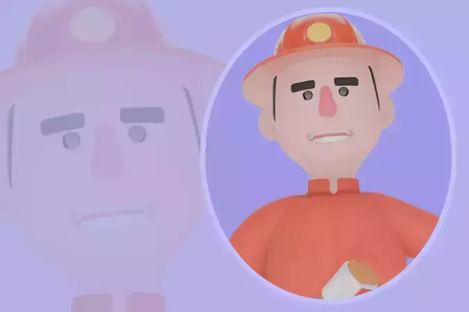 Stylized 3D Male Firefighter - Axe Pose Beside Extinguisher