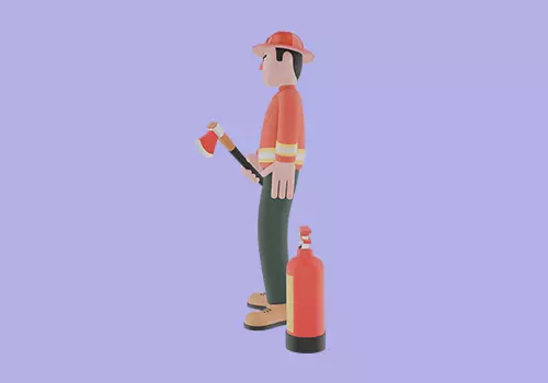 Stylized 3D Male Firefighter - Axe Pose Beside Extinguisher 3D model_3