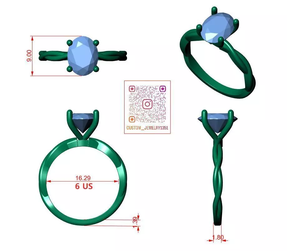 Oval Solitaire Ring 3D print model_6