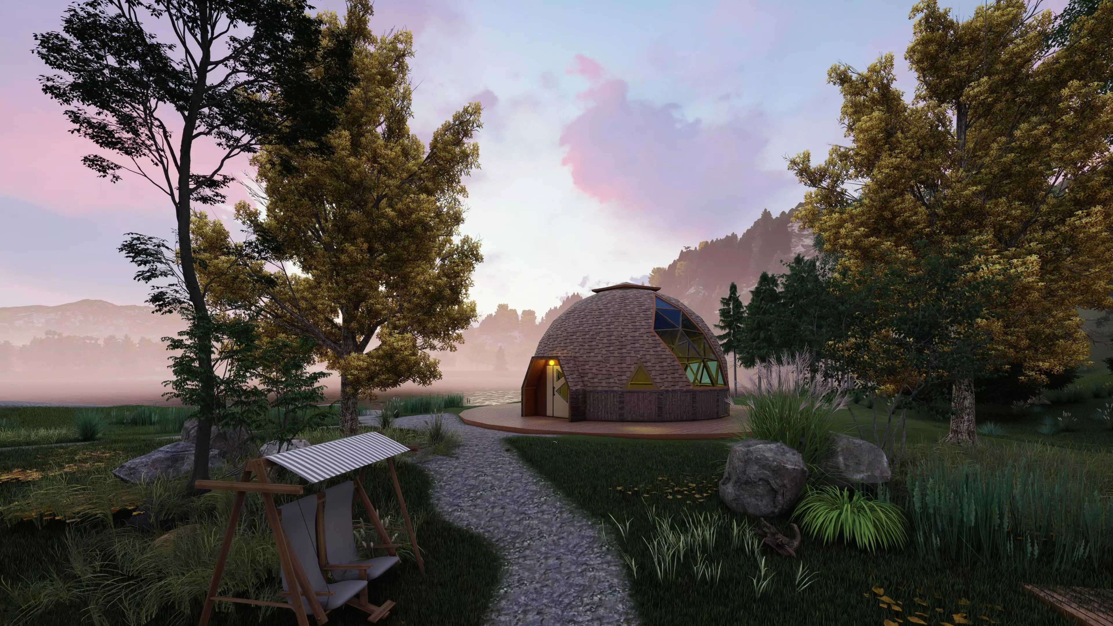 Design model of a 14m diameter geodesic dome cabin 3D model_3