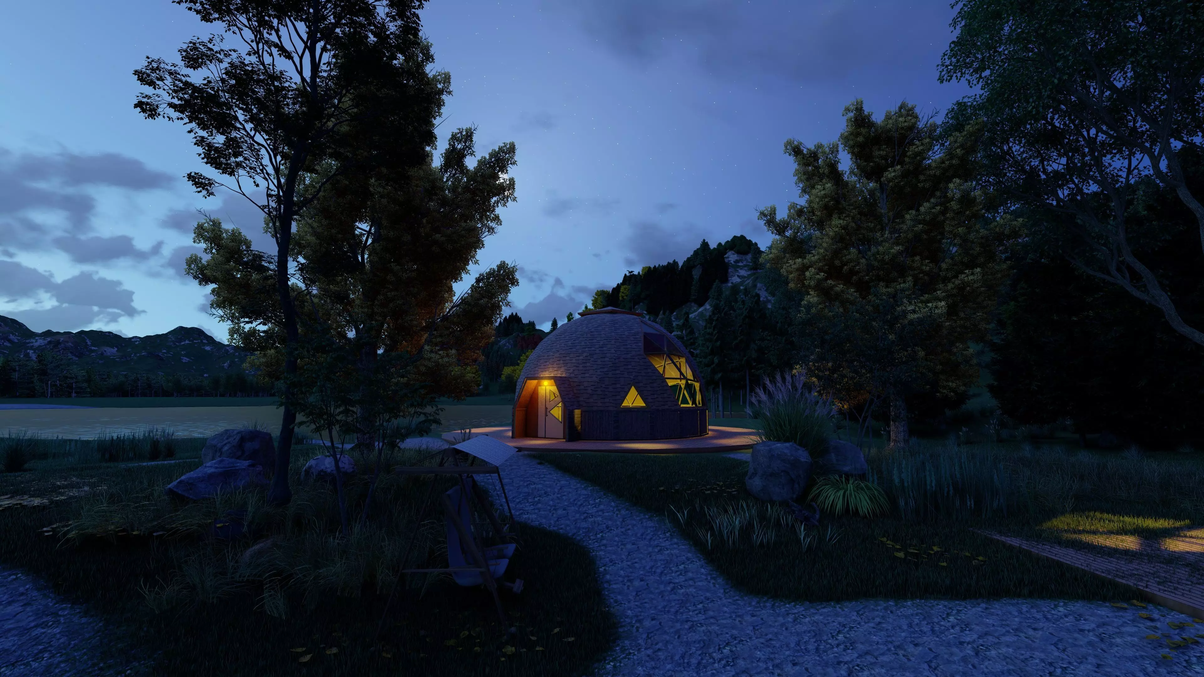 Design model of a 14m diameter geodesic dome cabin 3D model_2