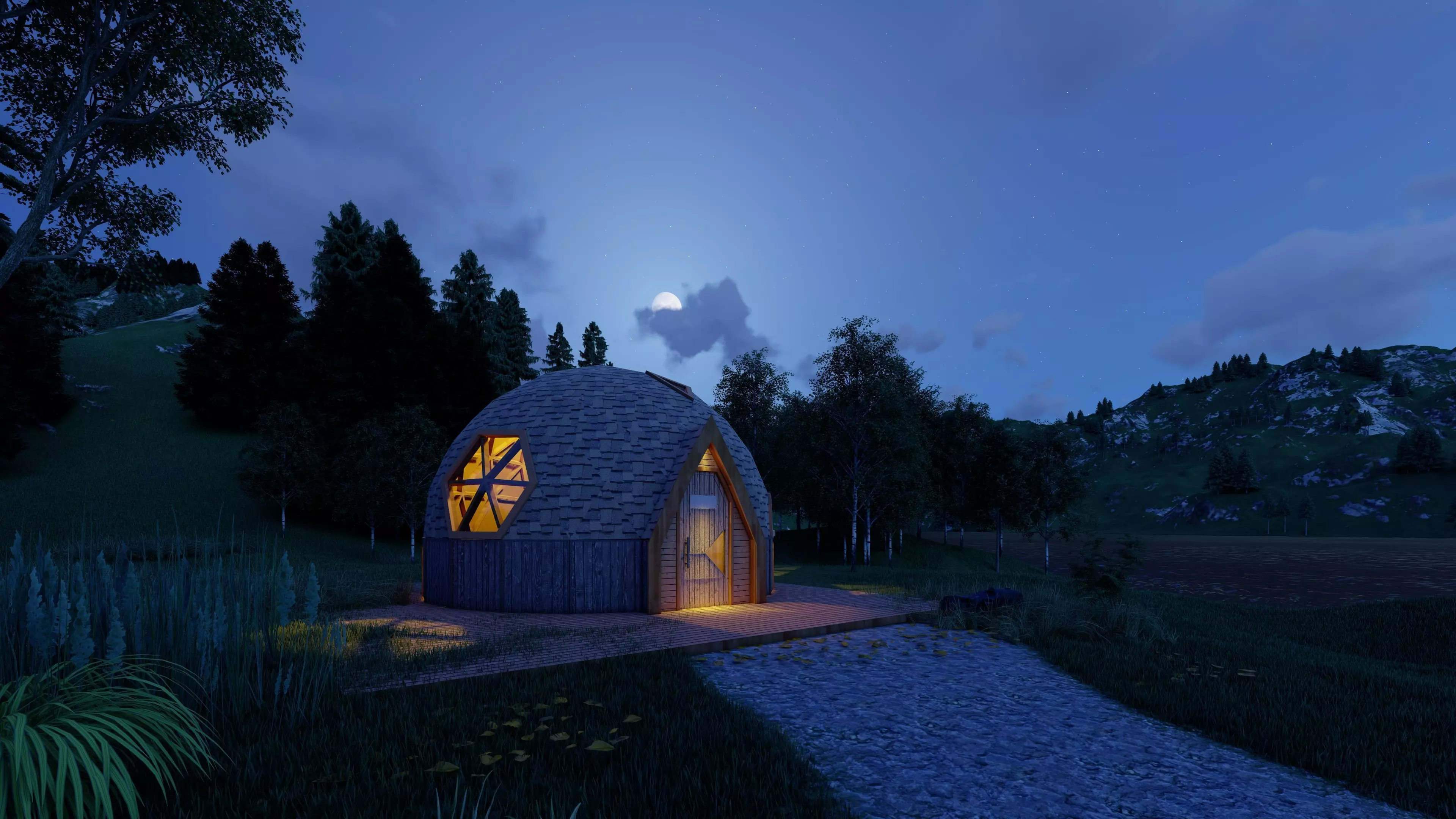 Design model of a 14m diameter geodesic dome cabin 3D model_1