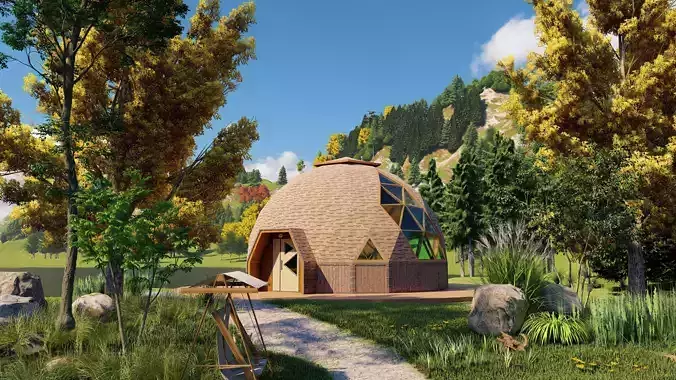 Design model of a 14m diameter geodesic dome cabin 3D model