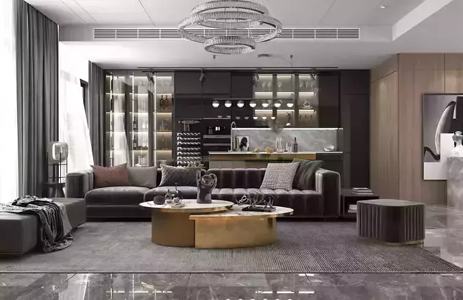 Living Room and Kitchen Scene