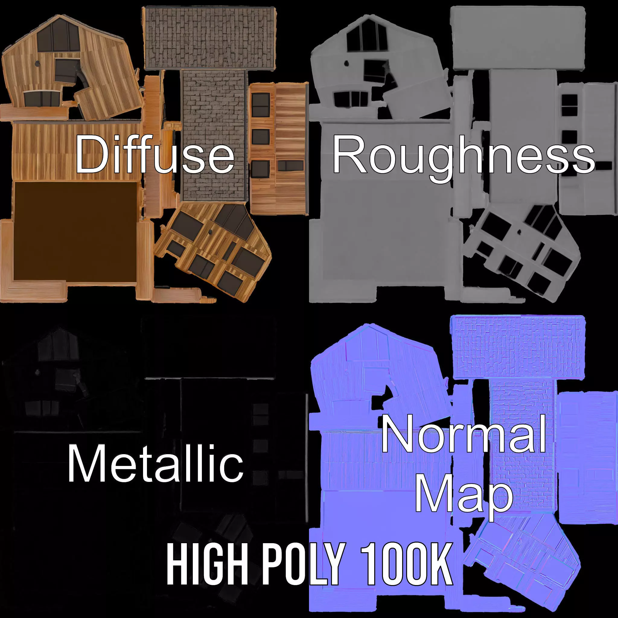 Modern Wooden House model pack Low-poly 3D model_4