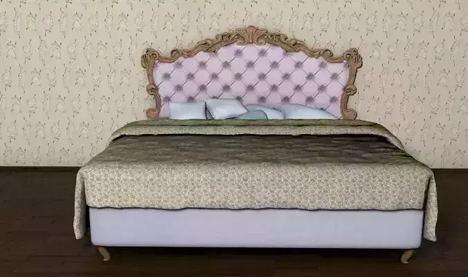 Bed with wooden ornaments and pillows 3D model