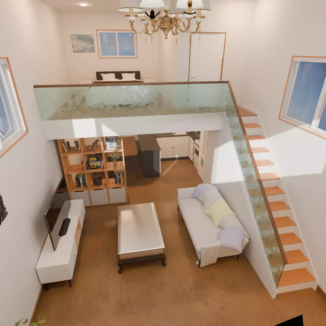 A room with a loft bed area 3D model_0