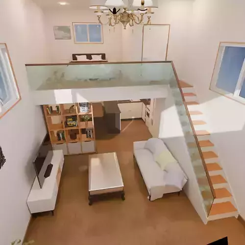 A room with a loft bed area