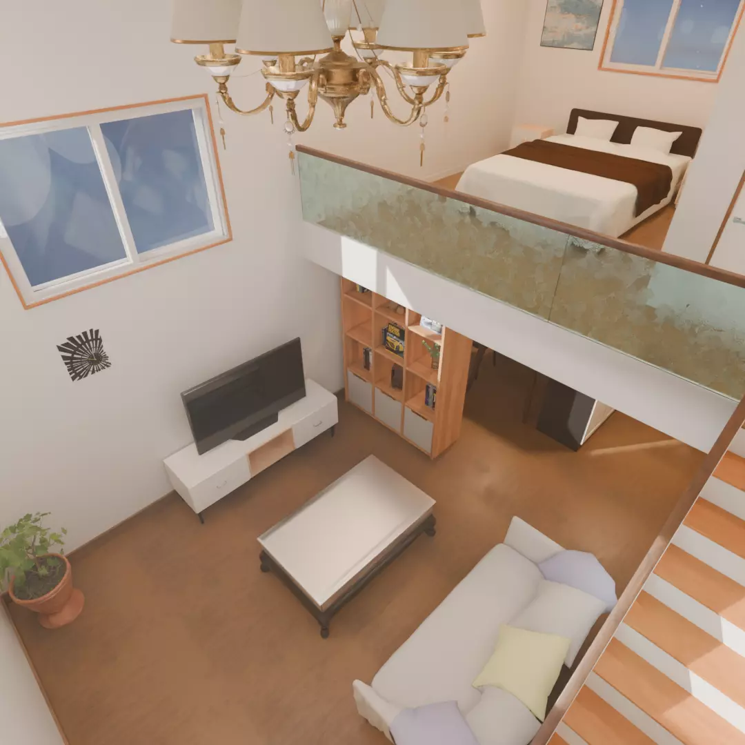 A room with a loft bed area 3D model_4