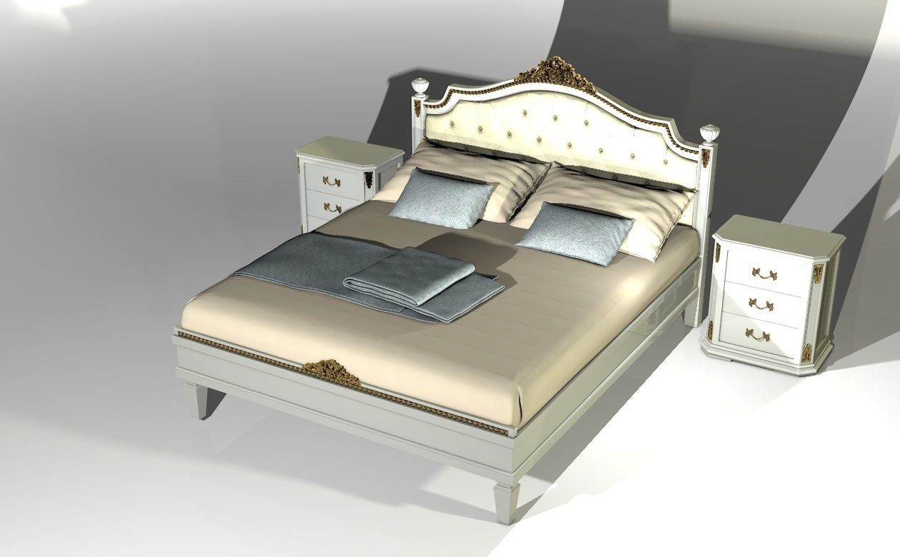 Classical bed with bedside tables 3D model_1