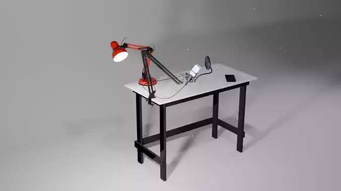 Working Desk with mounted Mic a Lamp and Iphone 16 Max Pro