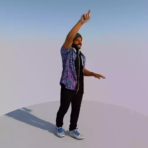 Energetic male DJ with one hand in the air grooving