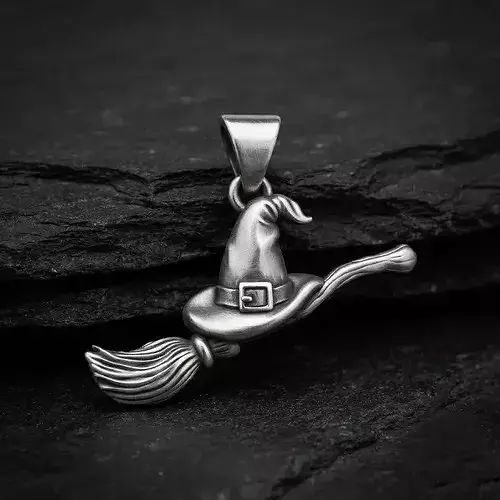 Halloween Witch Hat and Broom Stick Pendant