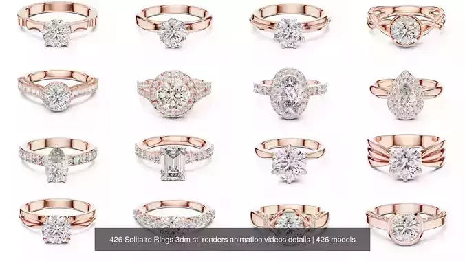 426 Solitaire Rings 3dm stl renders animation videos details 3D Model Collection