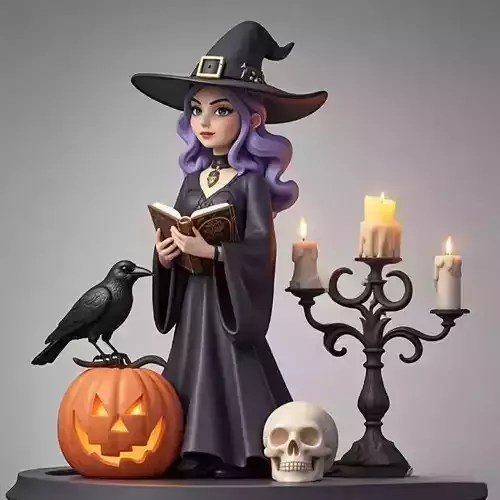 2522Halloween Witch with Spell book  Skull  Raven and Pumpkin