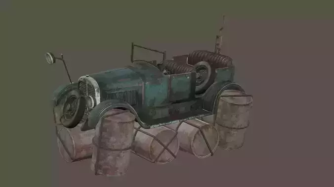 Damaged Rusted  Green Car Low Poly 3D Model