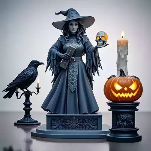 2523Halloween Witch with Spell book  Skull  Raven and Pumpkin