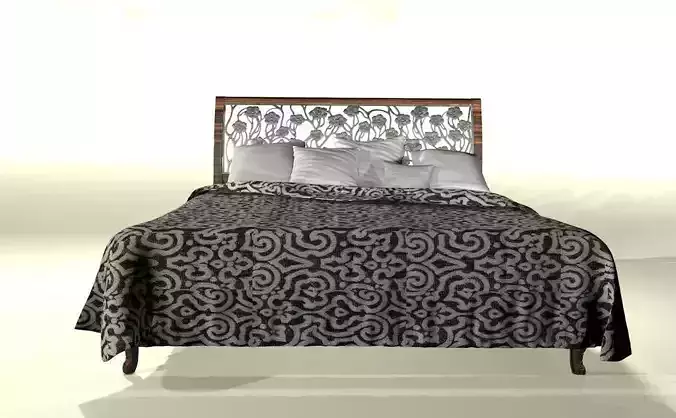 Wooden bed  with metal ornaments 