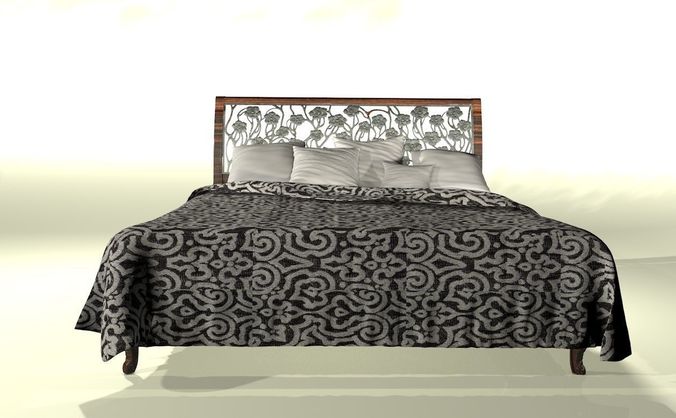 Wooden bed  with metal ornaments  3D model