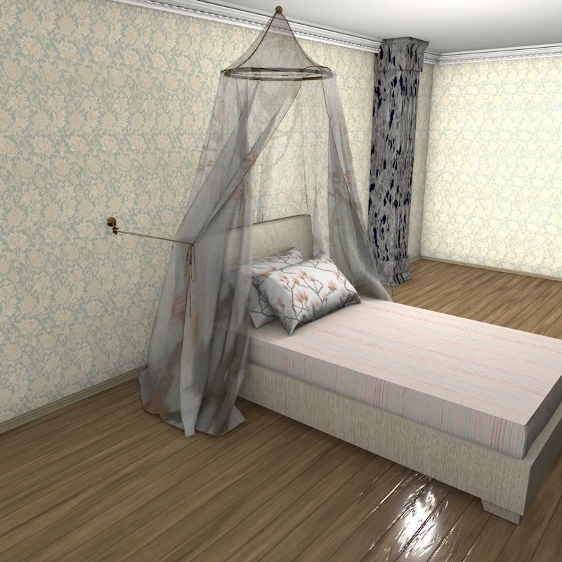 Classic bed with baldahin and  pillows 3D model_1