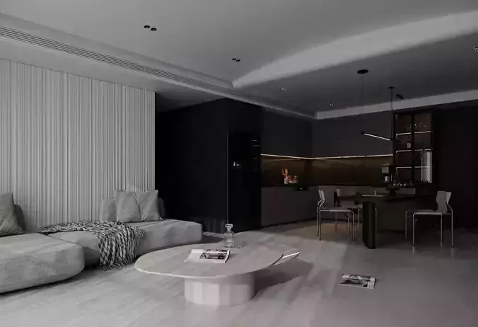 Modern Minimalist Living Room 3d and Kitchen Interior 3d Model