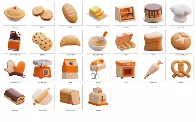 Baking Food Icons Set  25 Low Poly 3D Models