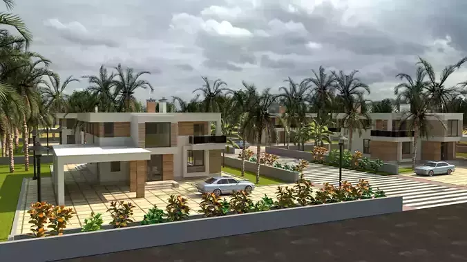Low poly Modern Tropical Housing Development Scene