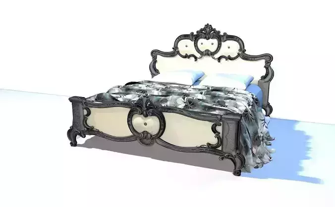 Antic black  wood bed with ornaments  3D model
